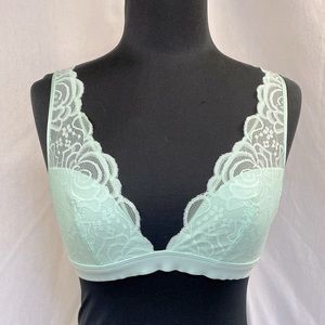 Pretty PINK soft mint green aqua lace deep plunge bralette size medium